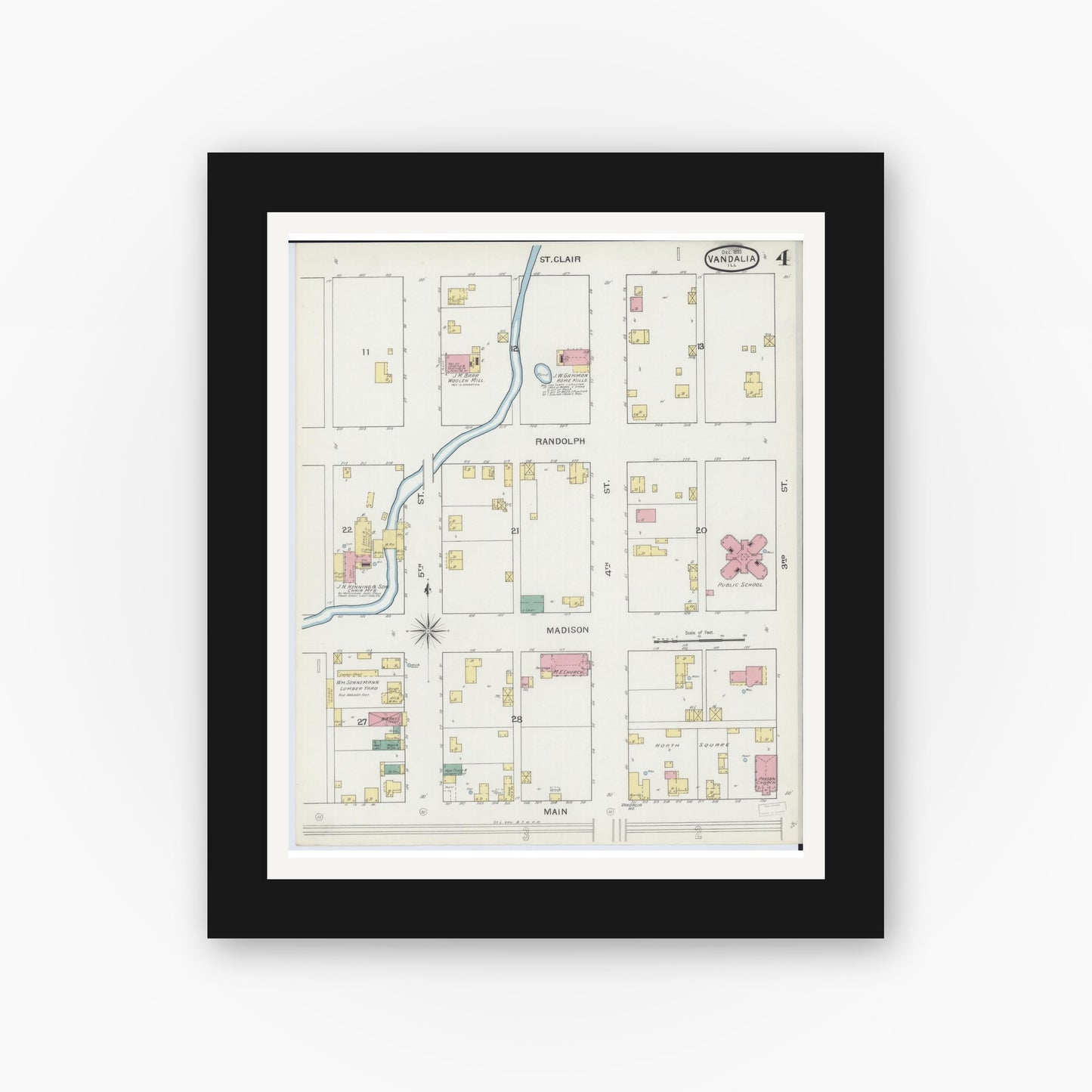 Old map wall art mockup — black gallery frame with white mat — Sanborn Fire Insurance Map from Vandalia, Fayette County, Illinois (1893), Sheet #0004