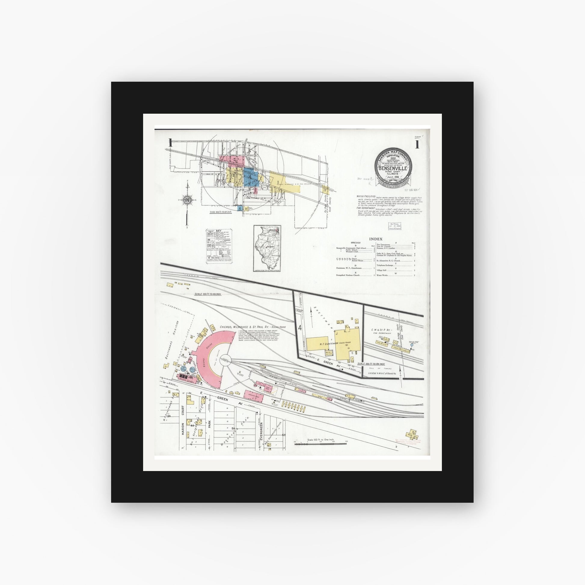 Old map wall art mockup — black gallery frame with white mat — Sanborn Fire Insurance Map from Bensenville, Dupage County, Illinois (1926), Sheet #0001