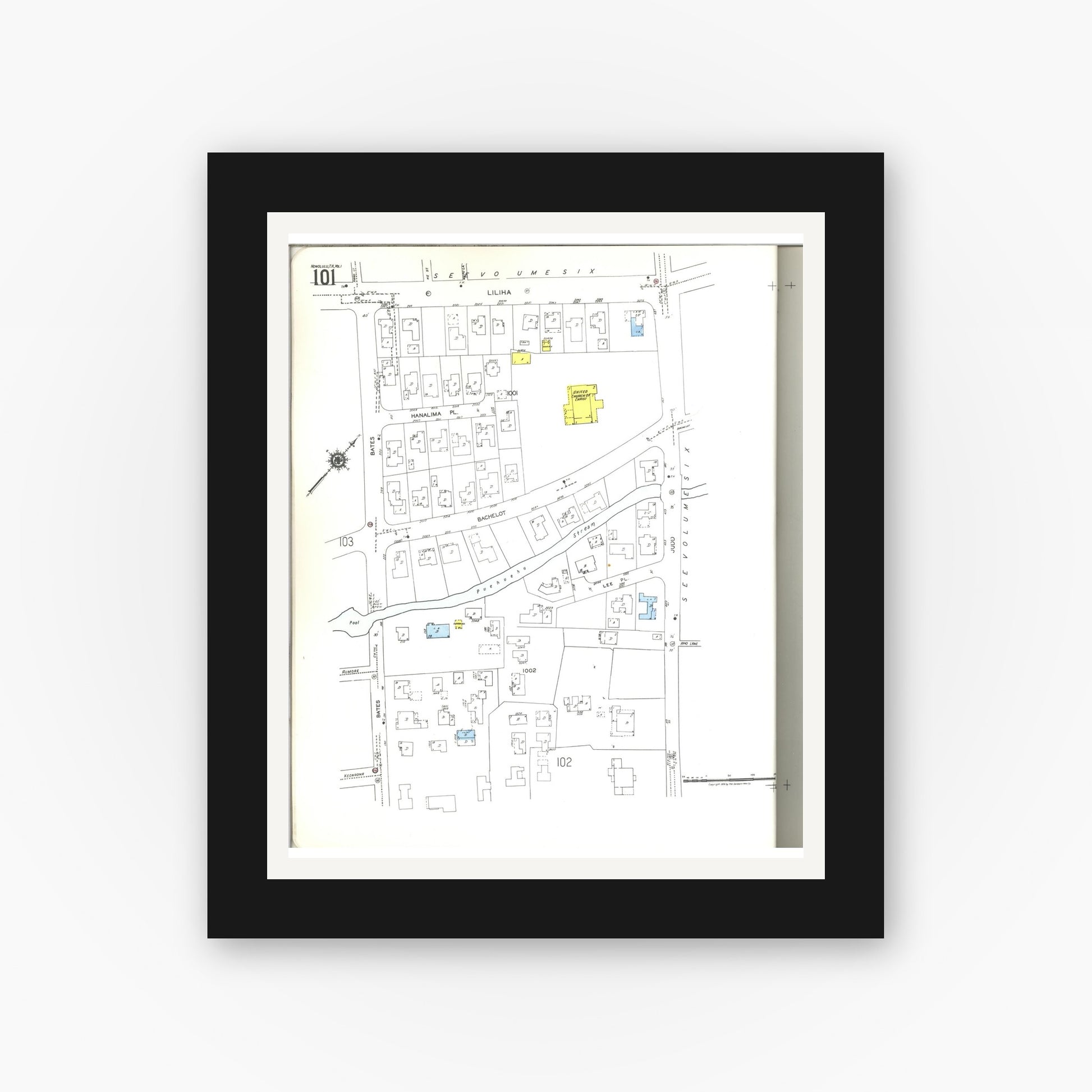 Old map wall art mockup — black gallery frame with white mat — Sanborn Fire Insurance Map from Honolulu, Oahu County, Hawaii (1955), Sheet #0101