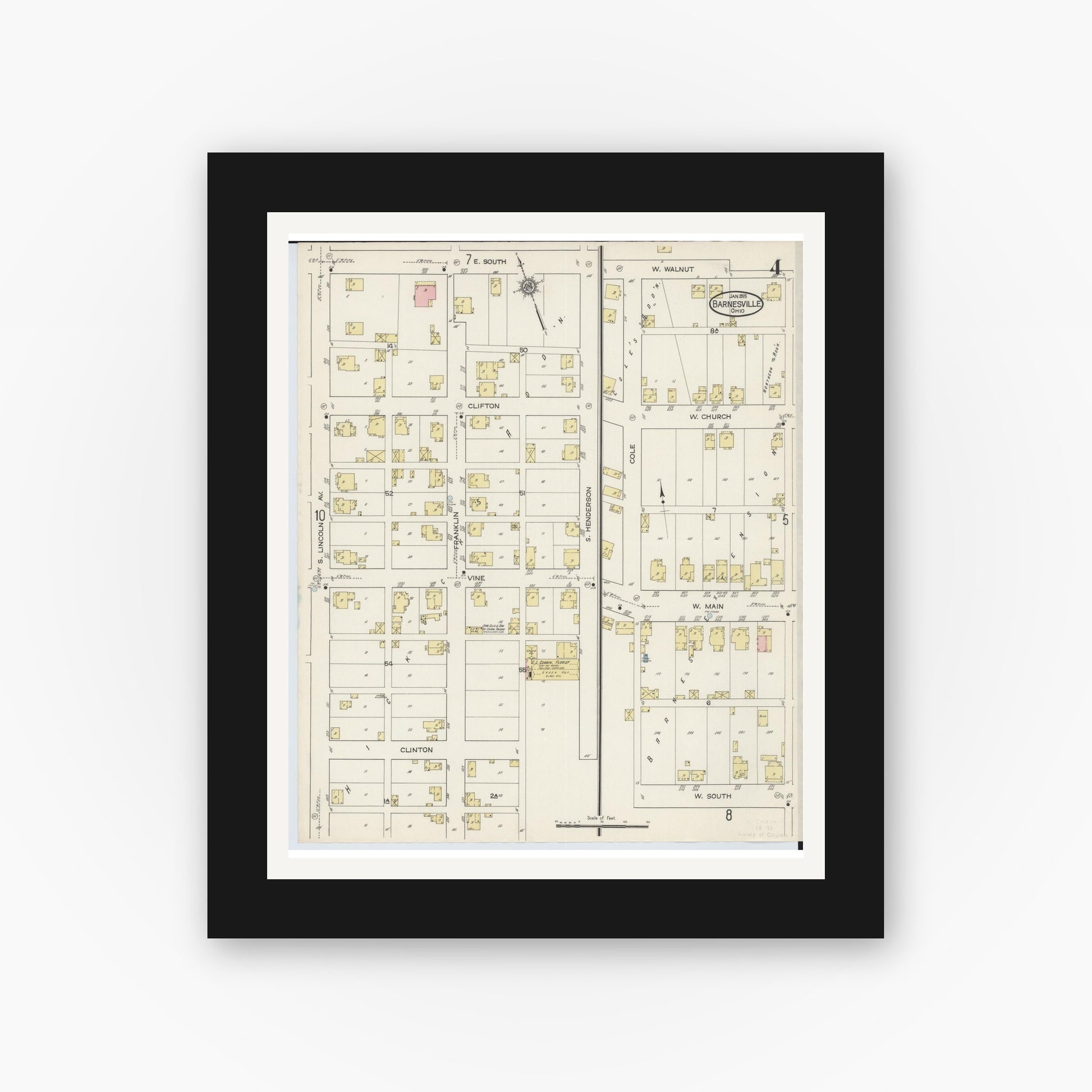 Old map wall art mockup — black gallery frame with white mat — Sanborn Fire Insurance Map from Barnesville, Belmont County, Ohio (1915), Sheet #0004