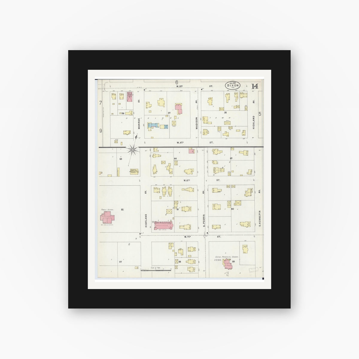 Old map wall art mockup — black gallery frame with white mat — Sanborn Fire Insurance Map from Dixon, Lee County, Illinois (1897), Sheet #0014