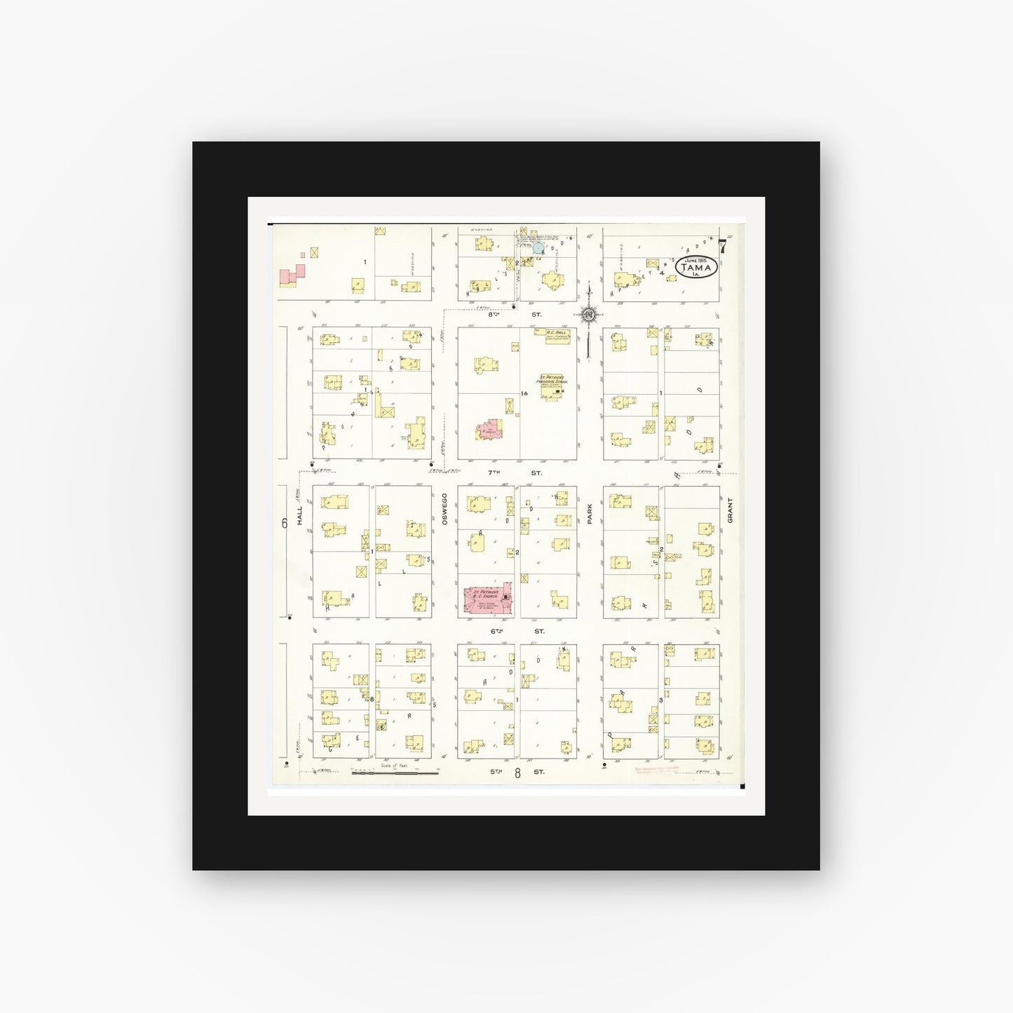 Old map wall art mockup — black gallery frame with white mat — Sanborn Fire Insurance Map from Tama, Tama County, Iowa (1915), Sheet #0007