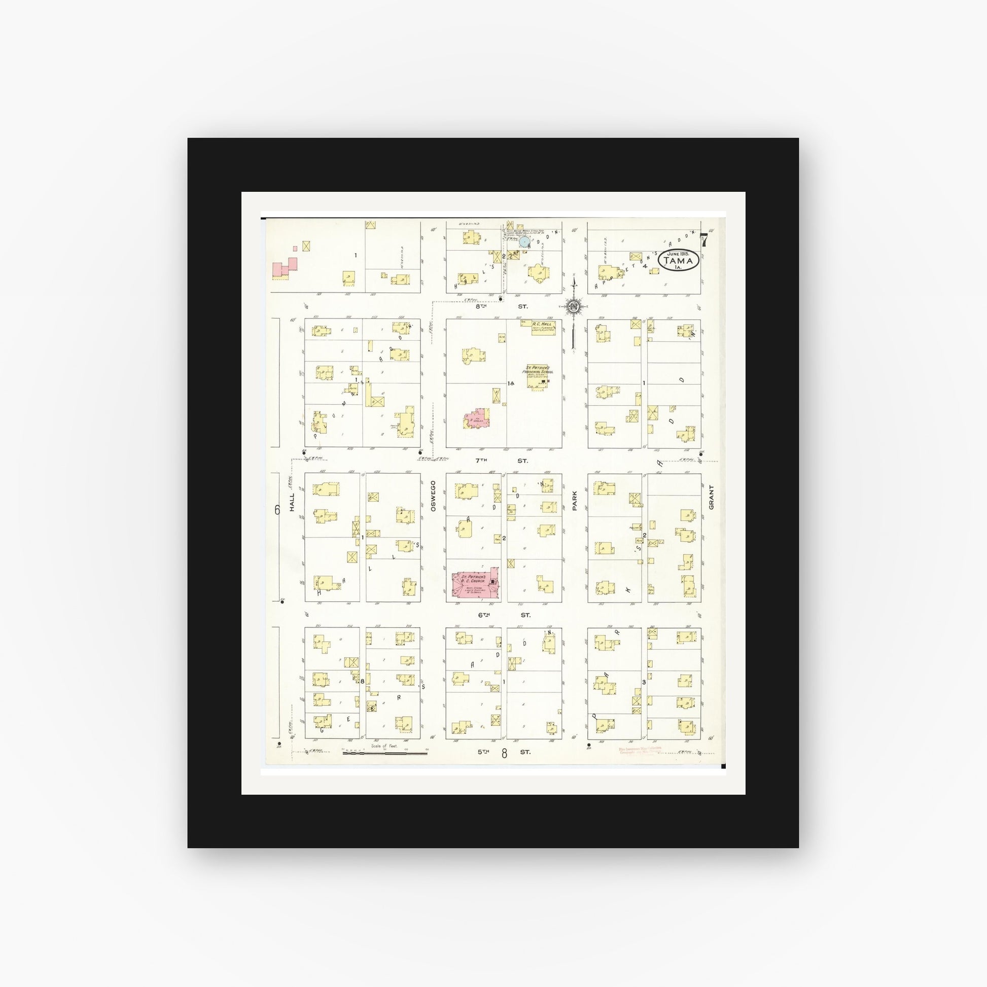 Old map wall art mockup — black gallery frame with white mat — Sanborn Fire Insurance Map from Tama, Tama County, Iowa (1915), Sheet #0007