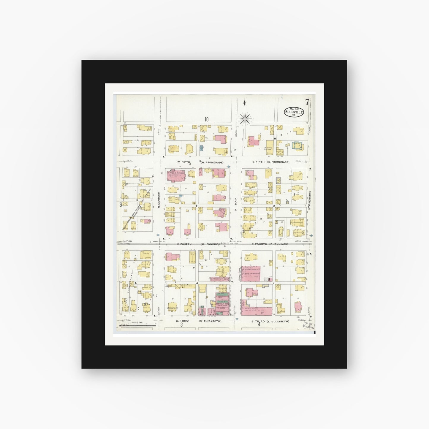 Old map wall art mockup — black gallery frame with white mat — Sanborn Fire Insurance Map from Rushville, Rush County, Indiana (1908), Sheet #0007
