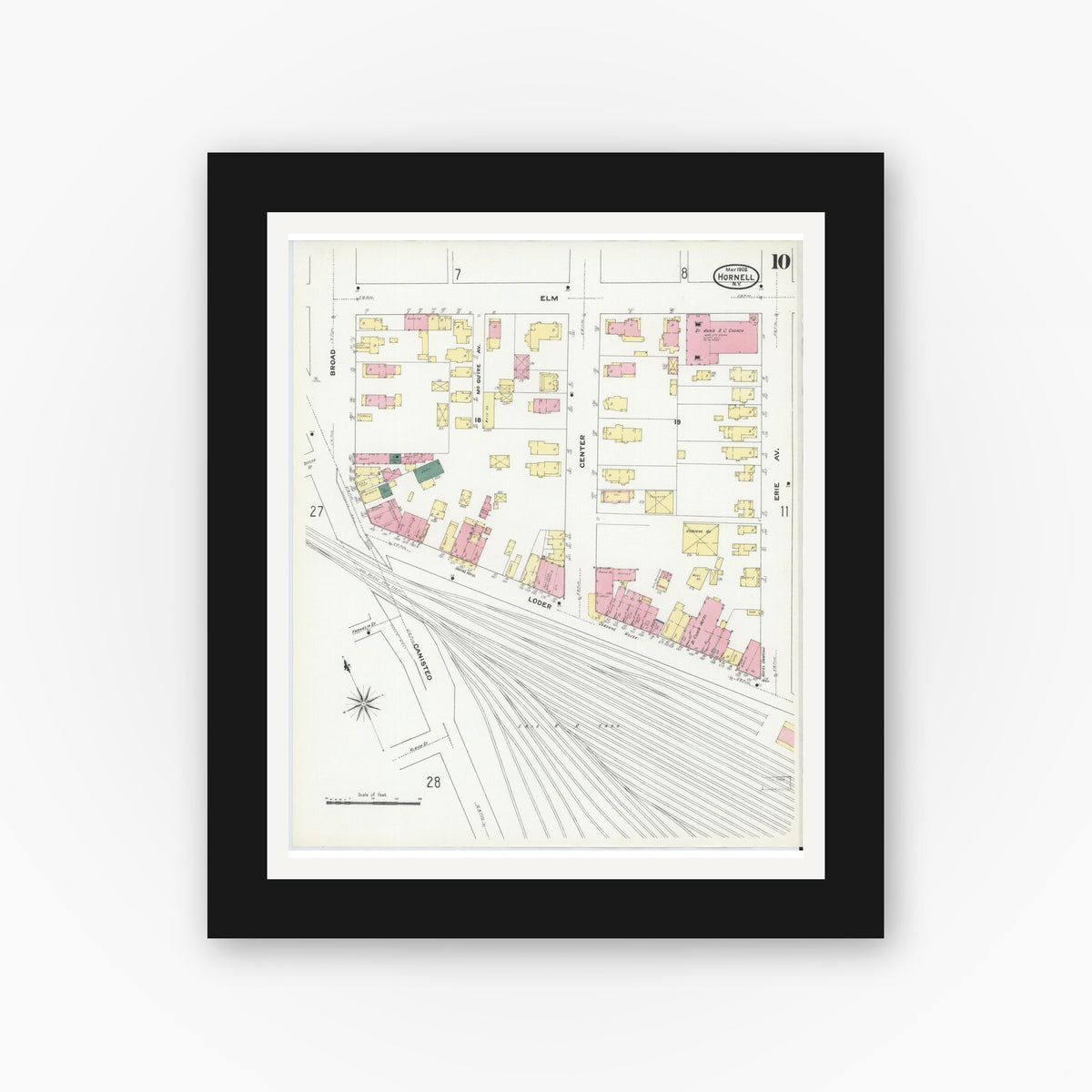 Old map wall art mockup — black gallery frame with white mat — Sanborn Fire Insurance Map from Hornell, Steuben County, New York (1909), Sheet #0010