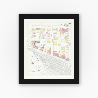 Old map wall art mockup — black gallery frame with white mat — Sanborn Fire Insurance Map from Hornell, Steuben County, New York (1909), Sheet #0010