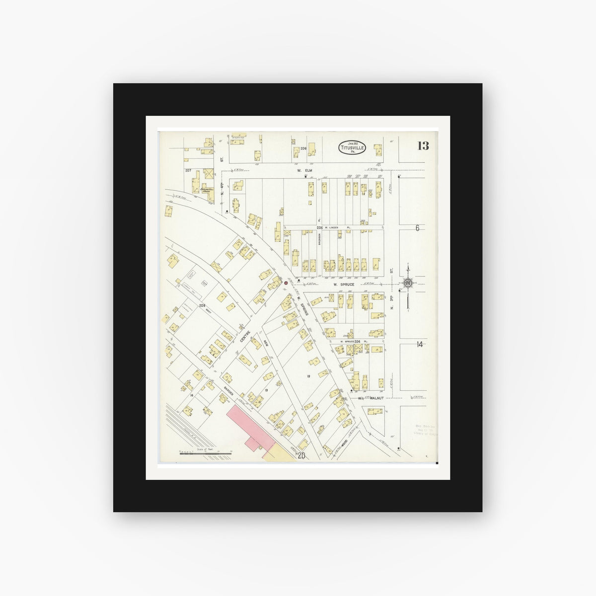 Old map wall art mockup — black gallery frame with white mat — Sanborn Fire Insurance Map from Titusville, Crawford County, Pennsylvania (1912), Sheet #0013