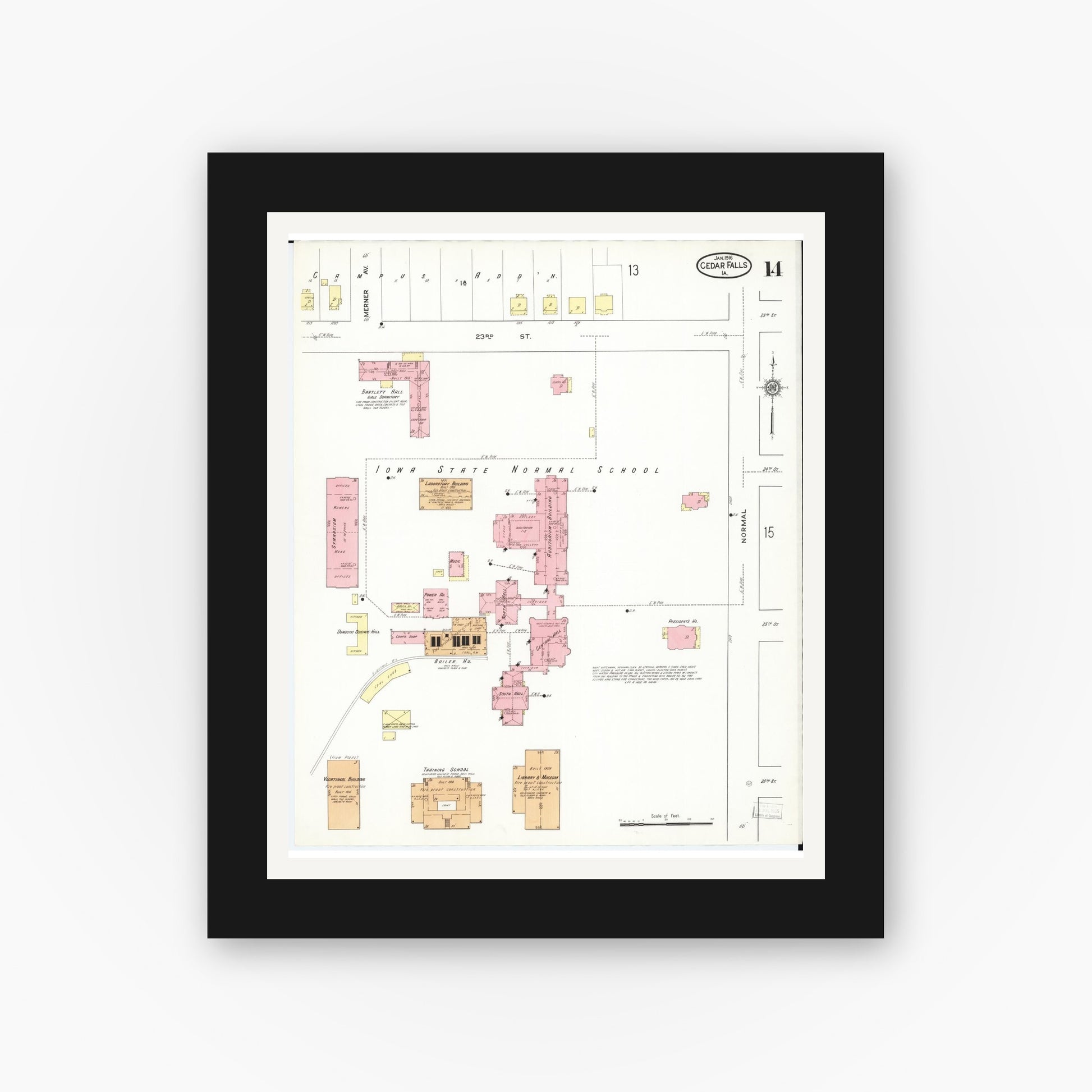 Old map wall art mockup — black gallery frame with white mat — Sanborn Fire Insurance Map from Cedar Falls, Black Hawk County, Iowa (1916), Sheet #0014