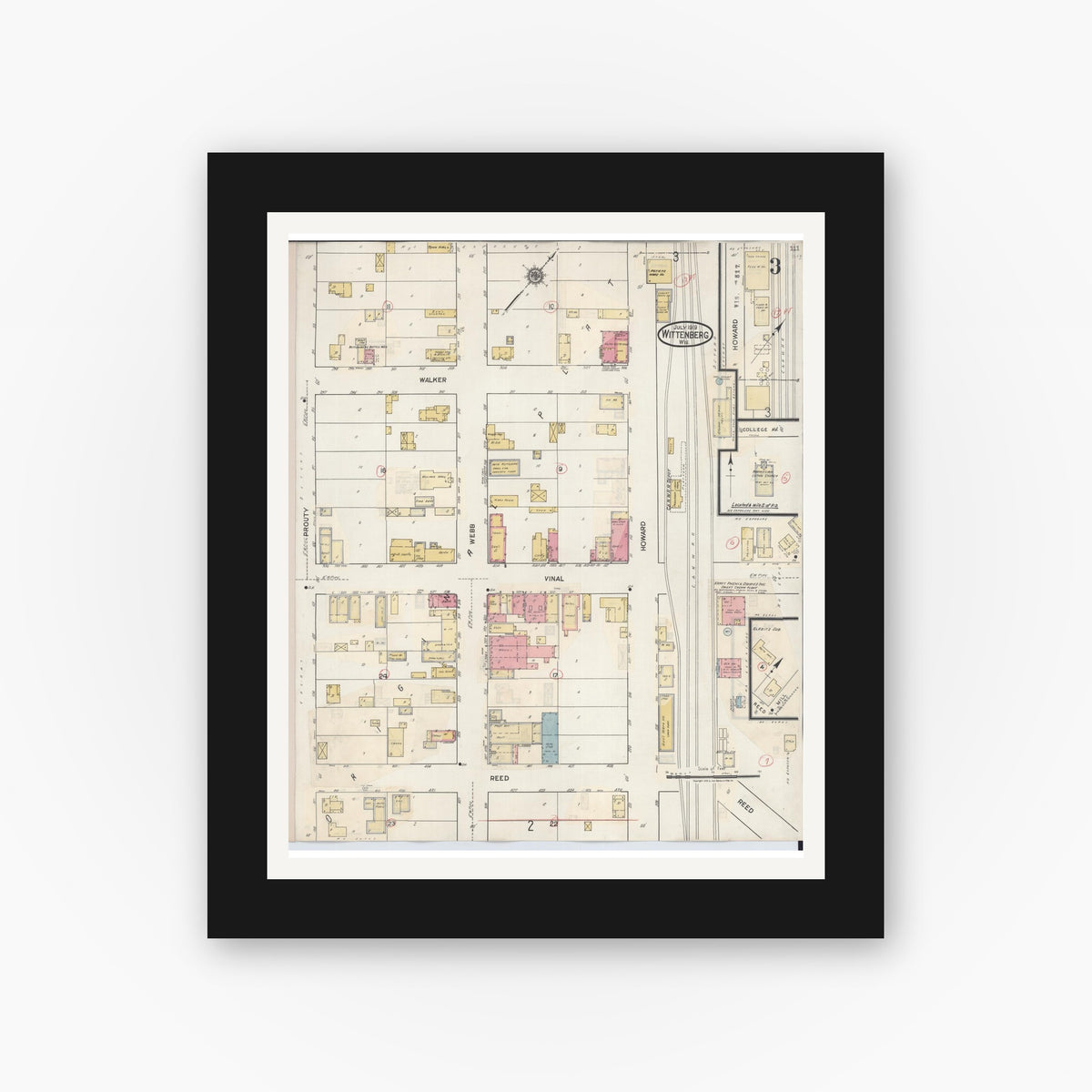 Old map wall art mockup — black gallery frame with white mat — Sanborn Fire Insurance Map from Wittenberg, Shawano County, Wisconsin (1939), Sheet #0003