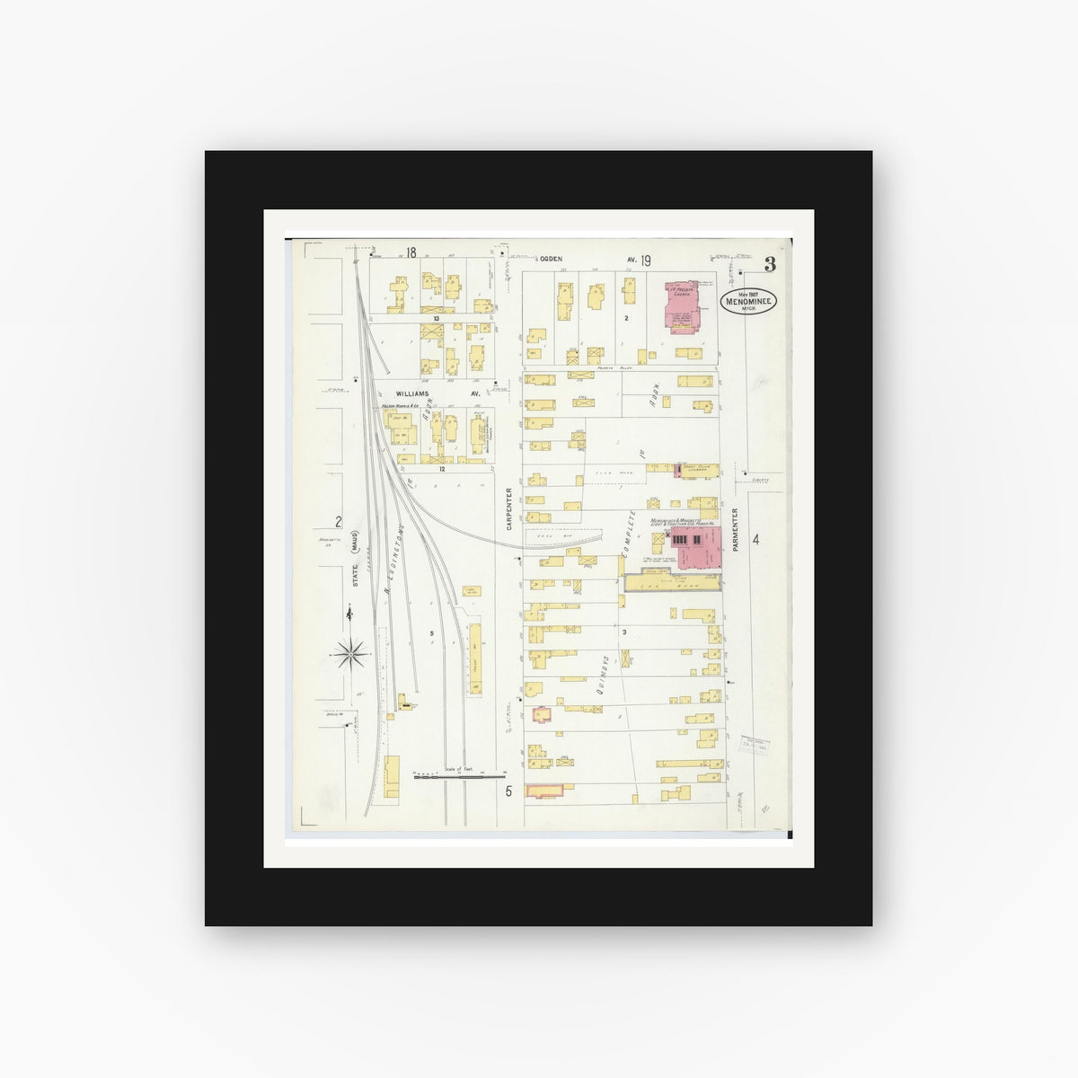 Old map wall art mockup — black gallery frame with white mat — Sanborn Fire Insurance Map from Menominee, Menominee County, Michigan (1907), Sheet #0003