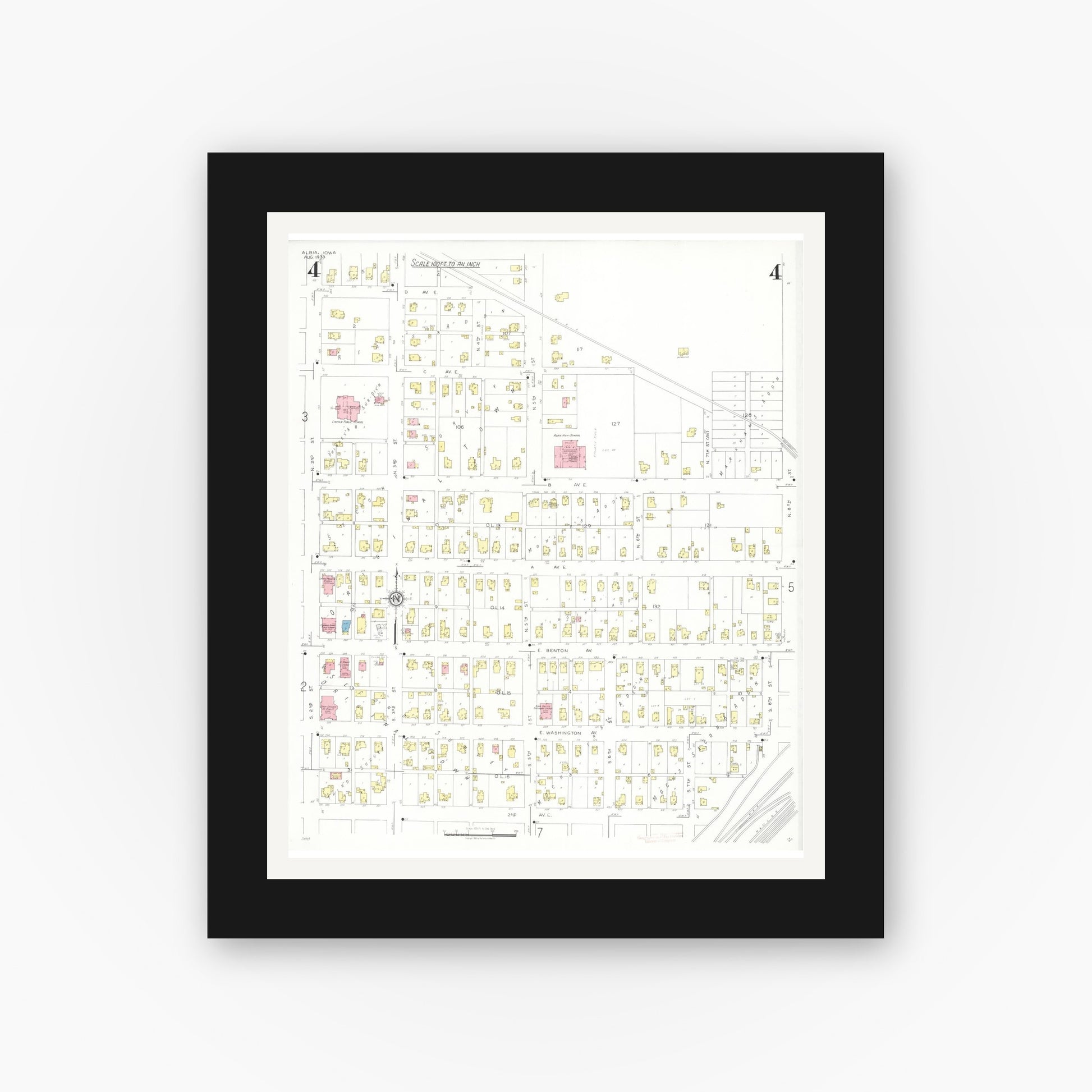 Old map wall art mockup — black gallery frame with white mat — Sanborn Fire Insurance Map from Albia, Monroe County, Iowa (1933), Sheet #0004