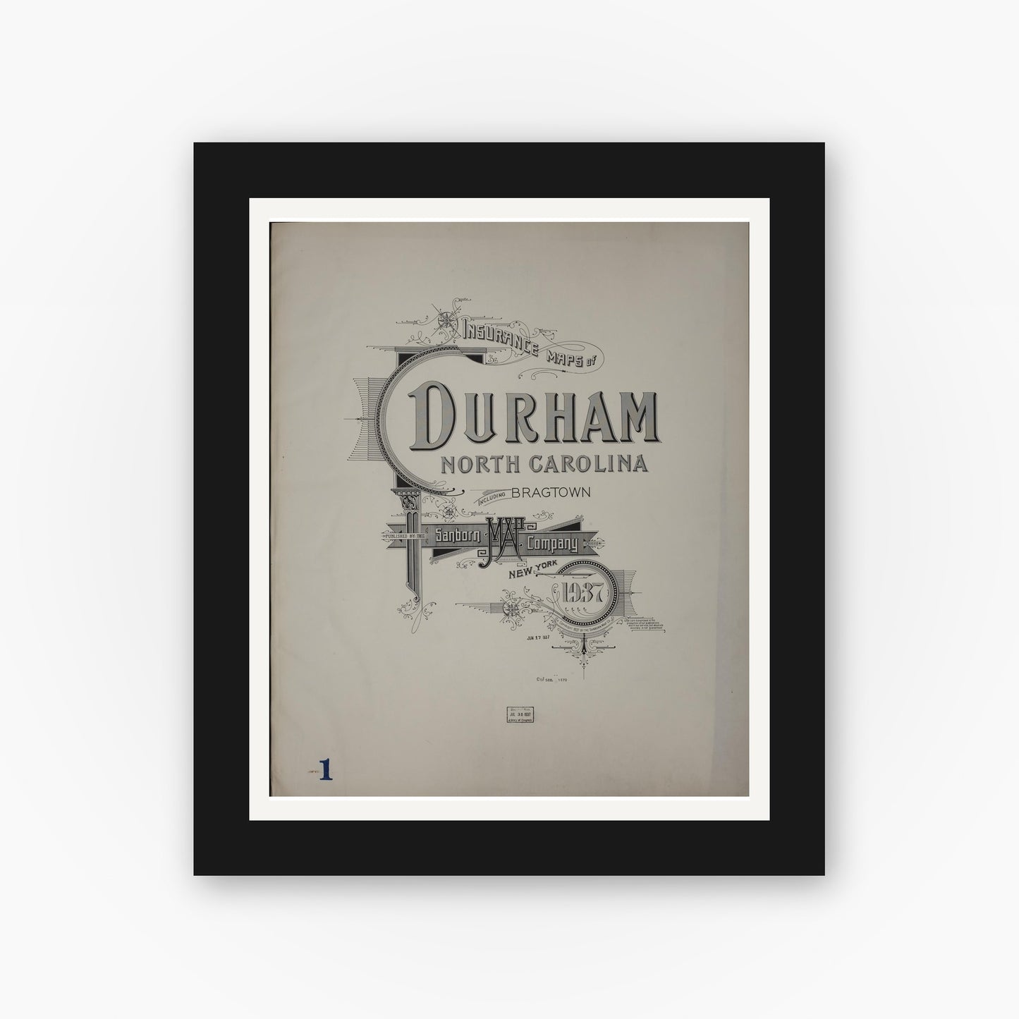 Old map wall art mockup — black gallery frame with white mat — Sanborn Fire Insurance Map from Durham, Durham County, North Carolina (1937), Sheet #0001