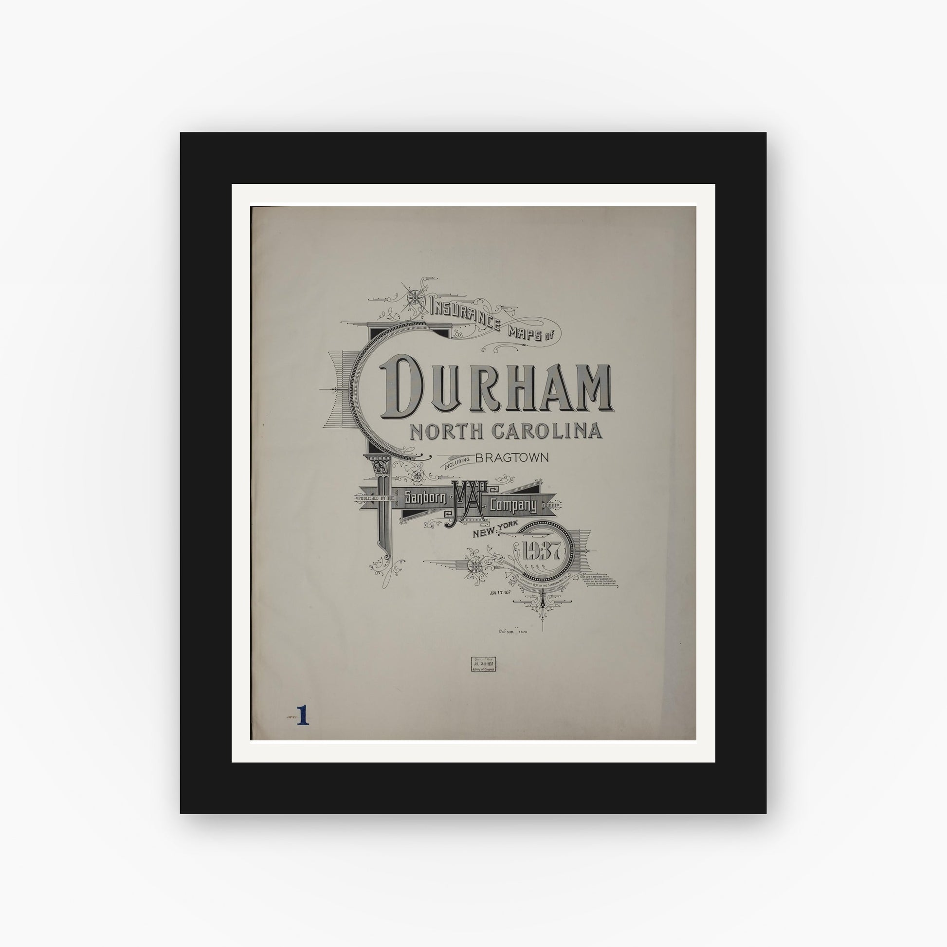Old map wall art mockup — black gallery frame with white mat — Sanborn Fire Insurance Map from Durham, Durham County, North Carolina (1937), Sheet #0001