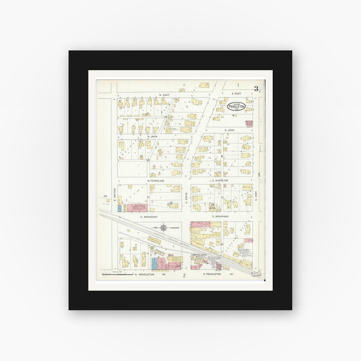 Old map wall art mockup — black gallery frame with white mat — Sanborn Fire Insurance Map from Pendleton, Madison County, Indiana (1914), Sheet #0003