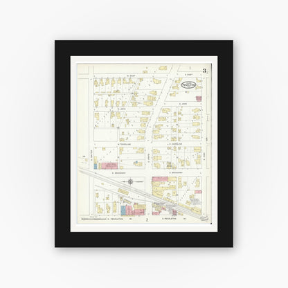 Old map wall art mockup — black gallery frame with white mat — Sanborn Fire Insurance Map from Pendleton, Madison County, Indiana (1914), Sheet #0003