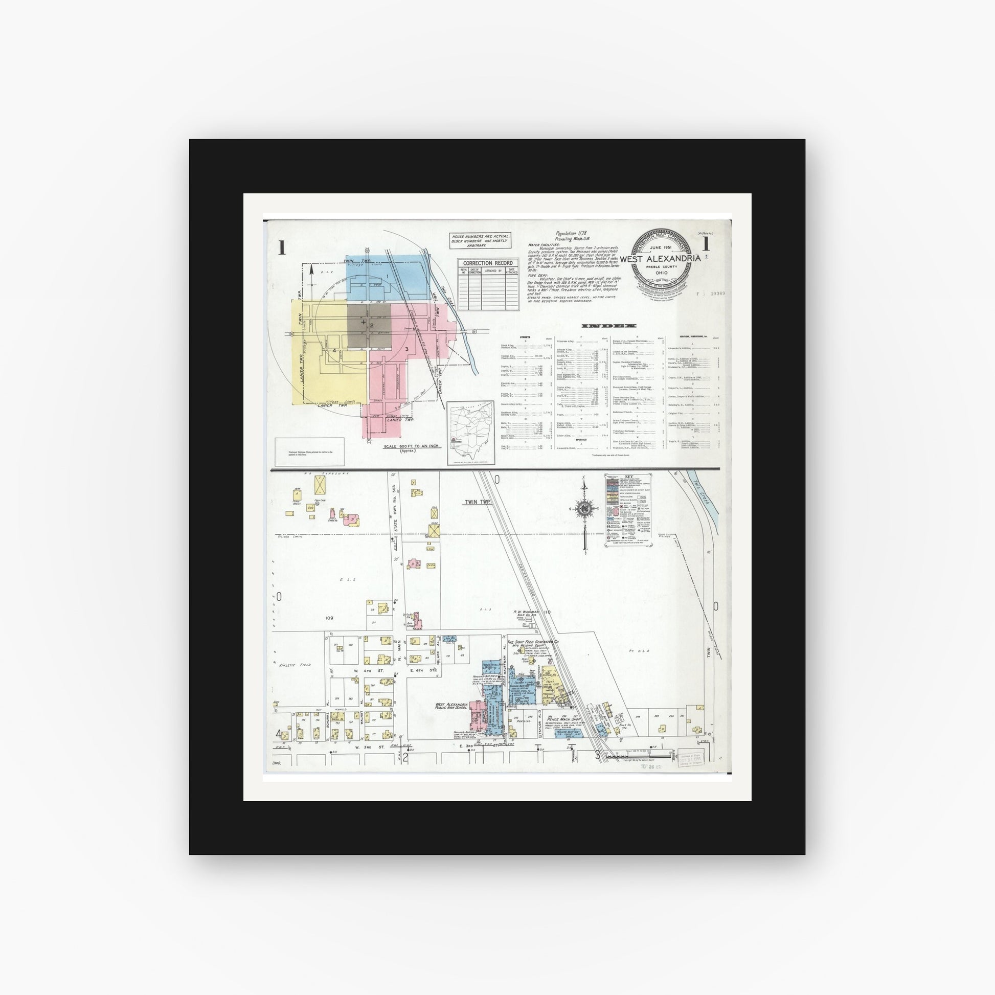 Old map wall art mockup — black gallery frame with white mat — Sanborn Fire Insurance Map from West Alexandria, Preble County, Ohio (1951) - Complete Map Set