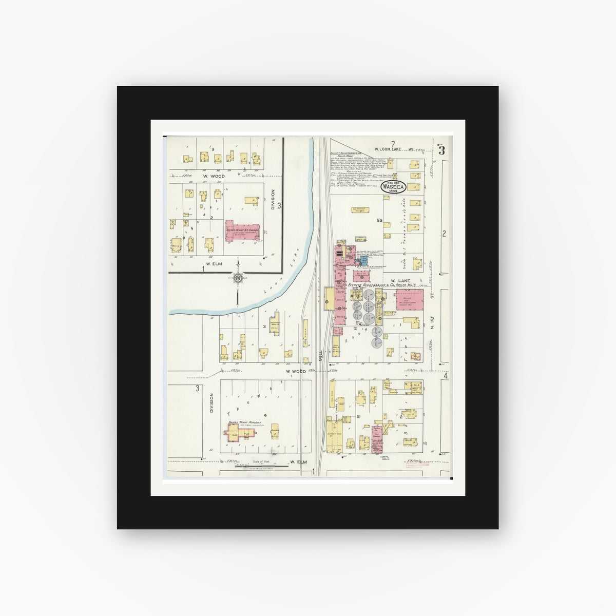 Old map wall art mockup — black gallery frame with white mat — Sanborn Fire Insurance Map from Waseca, Waseca County, Minnesota (1919), Sheet #0003