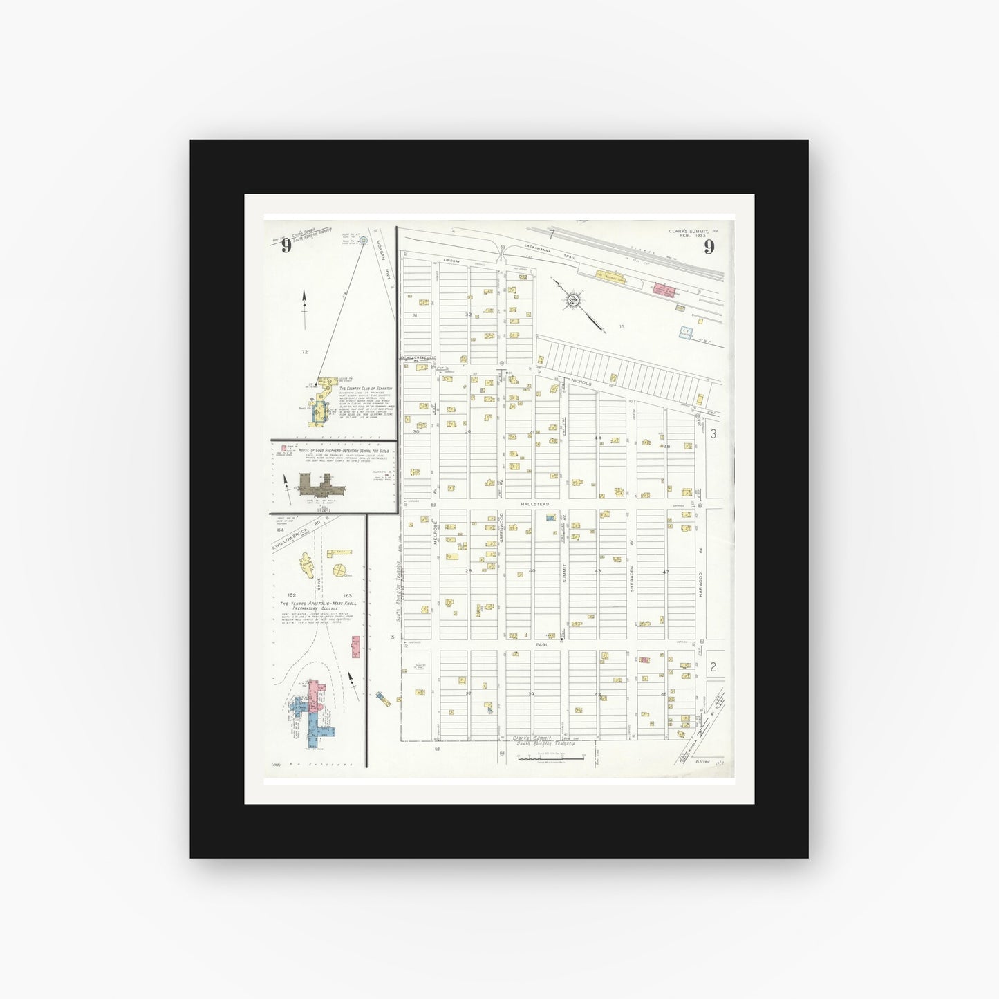 Old map wall art mockup — black gallery frame with white mat — Sanborn Fire Insurance Map from Clark's Summit, Lackawanna County, Pennsylvania (1933), Sheet #0009