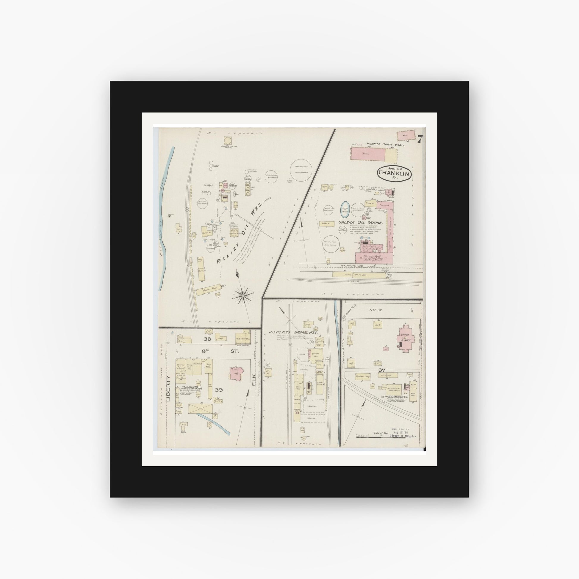 Old map wall art mockup — black gallery frame with white mat — Sanborn Fire Insurance Map from Franklin, Venango County, Pennsylvania (1888), Sheet #0007