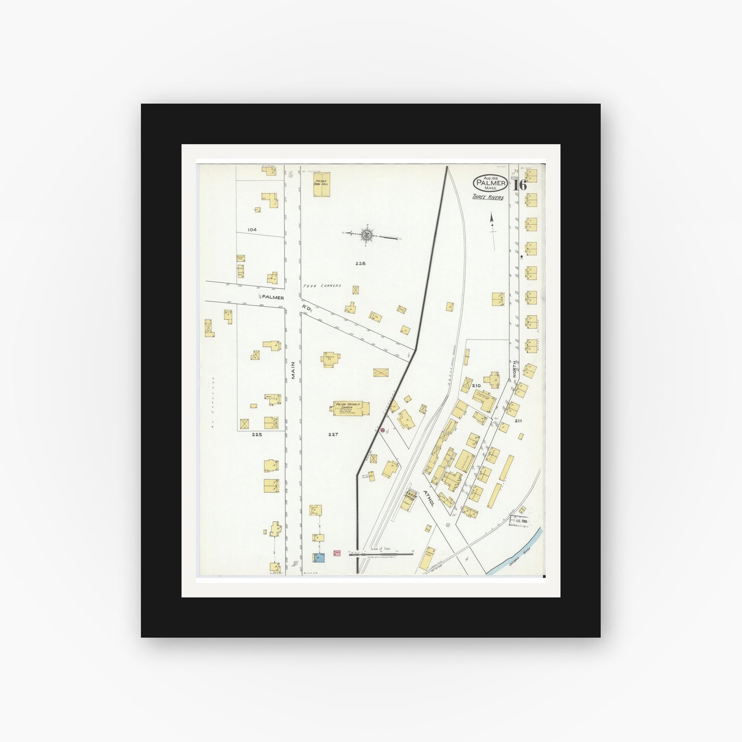 Old map wall art mockup — black gallery frame with white mat — Sanborn Fire Insurance Map from Palmer, Hampden County, Massachusetts (1918), Sheet #0016