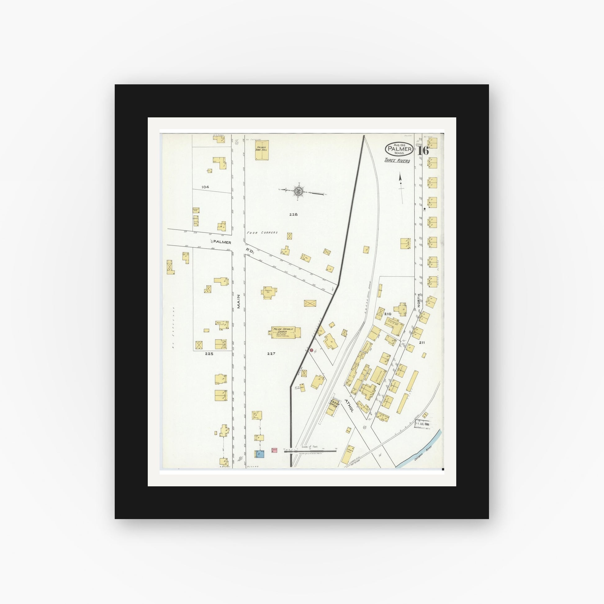 Old map wall art mockup — black gallery frame with white mat — Sanborn Fire Insurance Map from Palmer, Hampden County, Massachusetts (1918), Sheet #0016