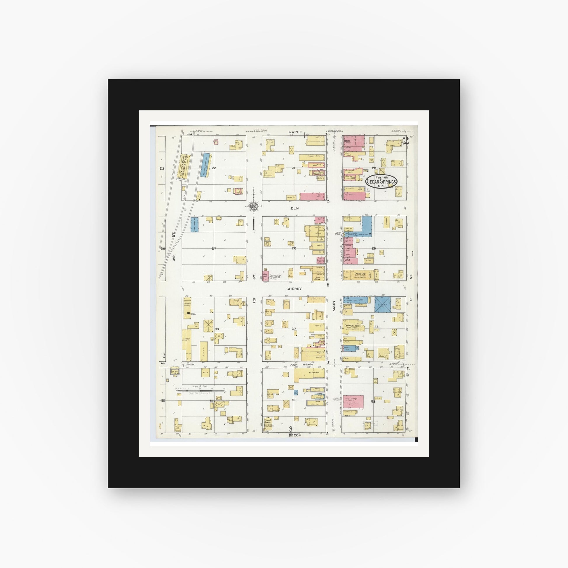 Old map wall art mockup — black gallery frame with white mat — Sanborn Fire Insurance Map from Cedar Springs, Kent County, Michigan (1918), Sheet #0002