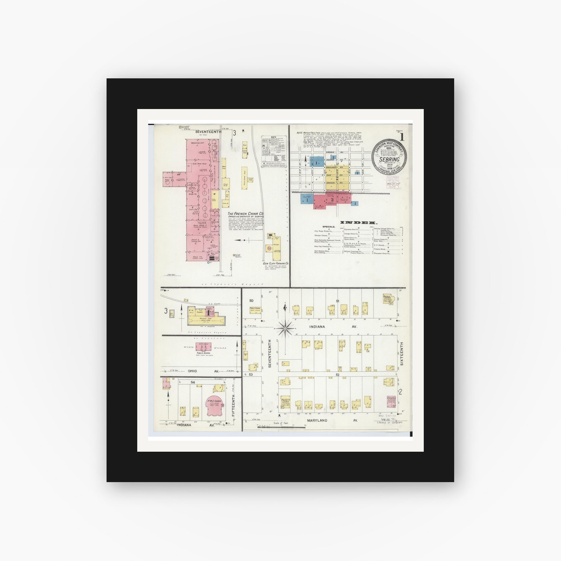 Old map wall art mockup — black gallery frame with white mat — Sanborn Fire Insurance Map from Sebring, Mahoning County, Ohio (1908), Sheet #0001