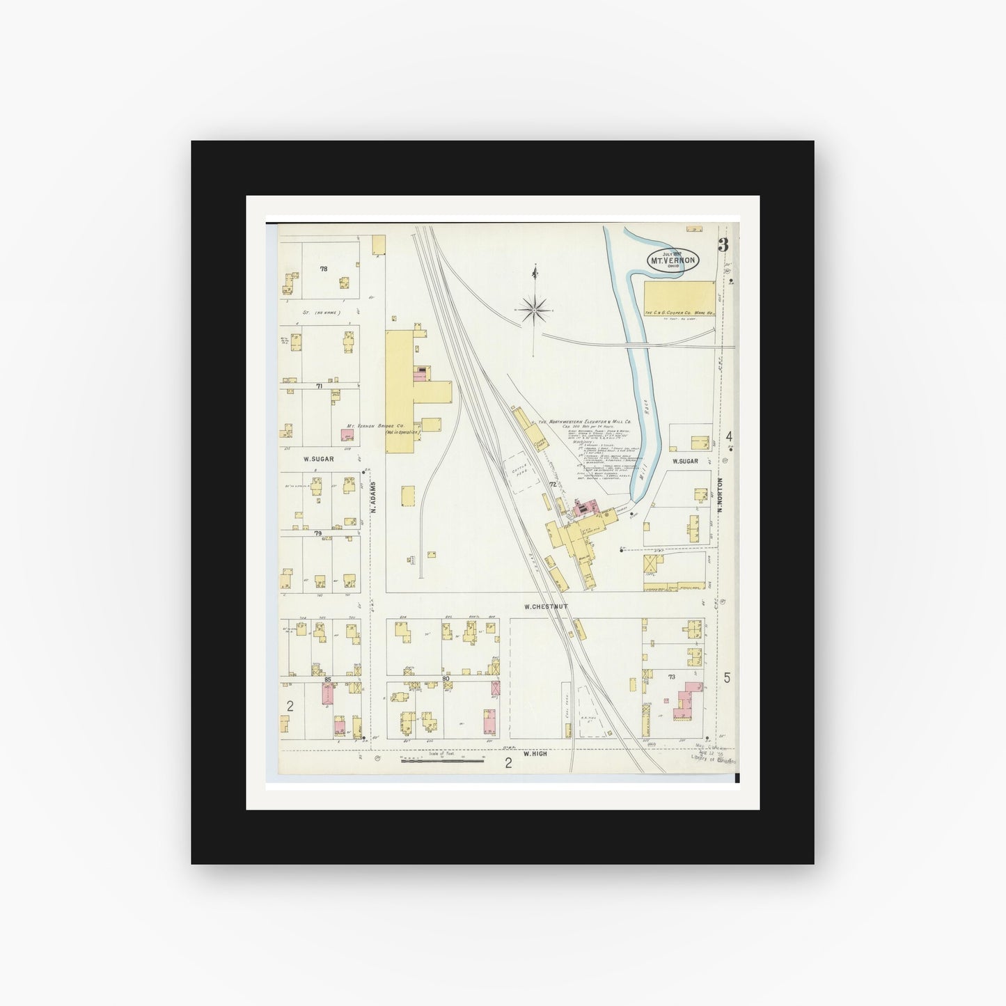 Old map wall art mockup — black gallery frame with white mat — Sanborn Fire Insurance Map from Mount Vernon, Knox County, Ohio (1897), Sheet #0003