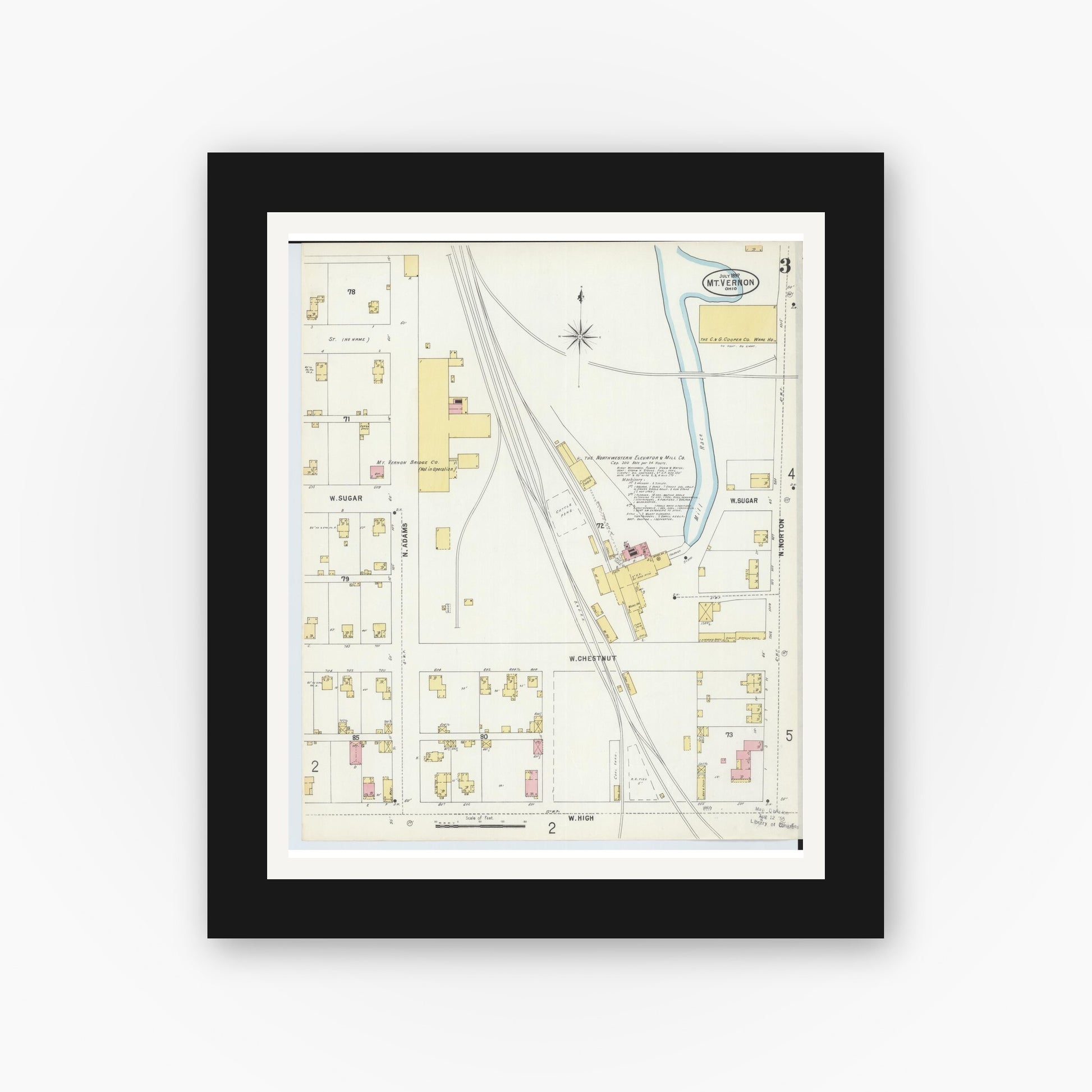 Old map wall art mockup — black gallery frame with white mat — Sanborn Fire Insurance Map from Mount Vernon, Knox County, Ohio (1897), Sheet #0003