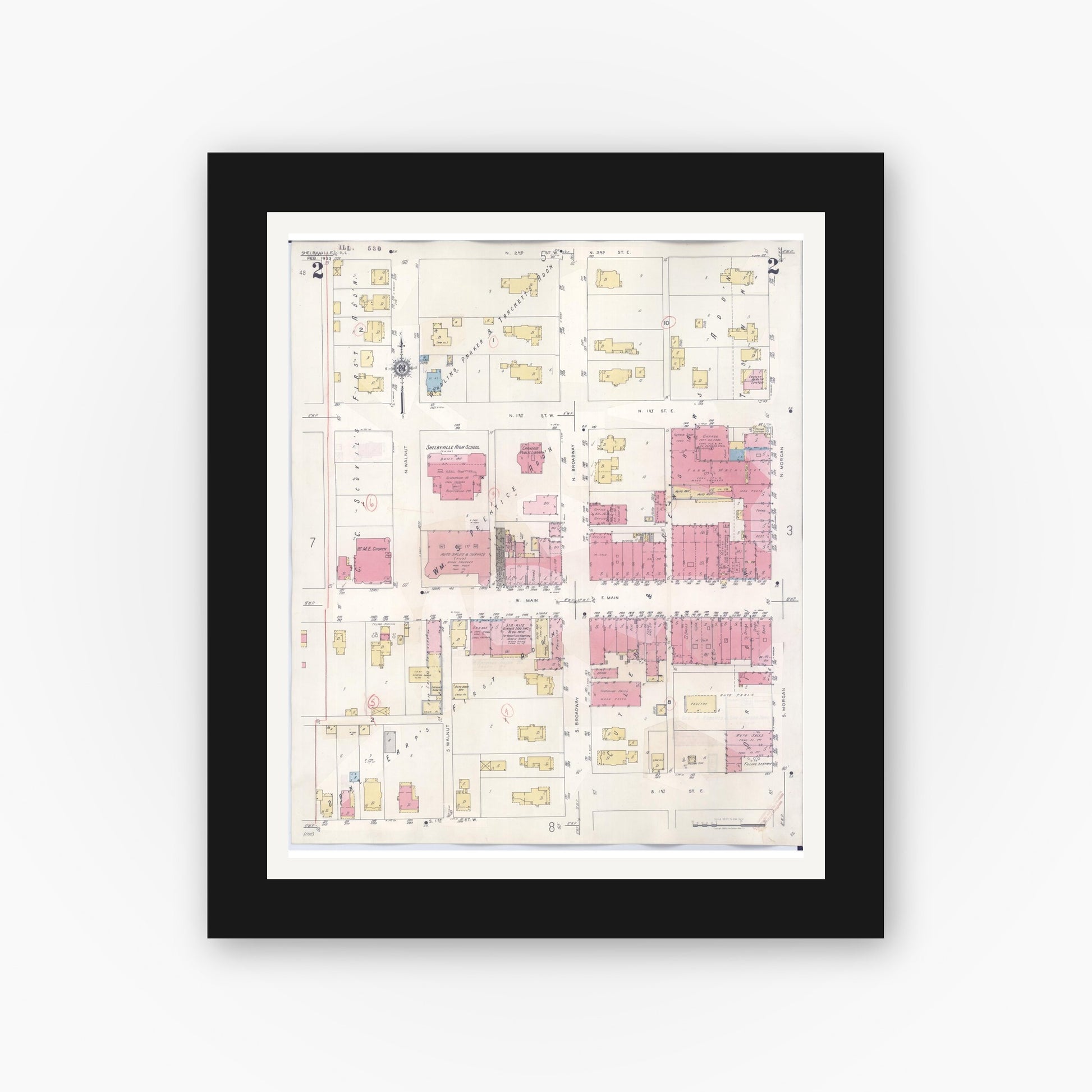 Old map wall art mockup — black gallery frame with white mat — Sanborn Fire Insurance Map from Shelbyville, Shelby County, Illinois (1941), Sheet #0002