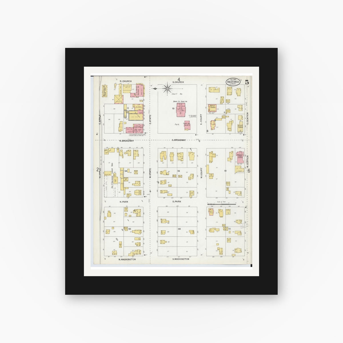 Old map wall art mockup — black gallery frame with white mat — Sanborn Fire Insurance Map from Hastings, Barry County, Michigan (1900), Sheet #0005