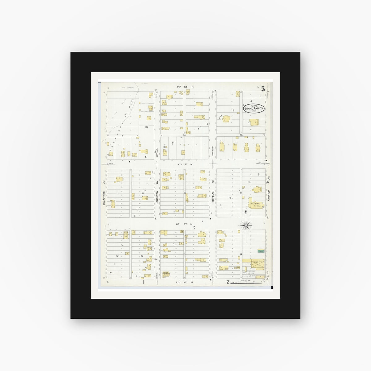 Old map wall art mockup — black gallery frame with white mat — Sanborn Fire Insurance Map from Grand Rapids, Itasca County, Minnesota (1908), Sheet #0005