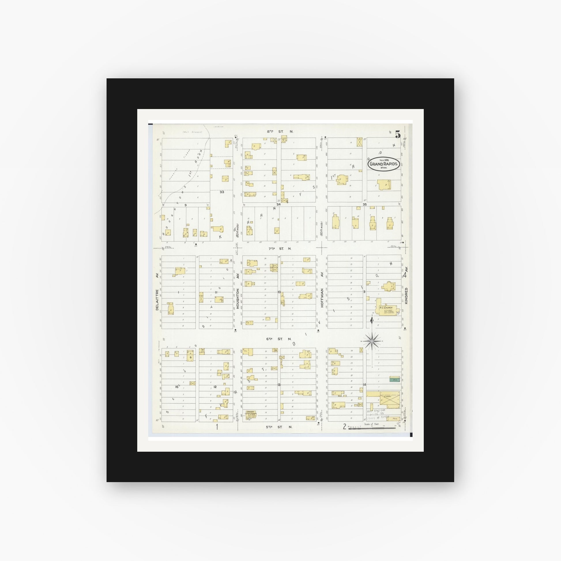 Old map wall art mockup — black gallery frame with white mat — Sanborn Fire Insurance Map from Grand Rapids, Itasca County, Minnesota (1908), Sheet #0005