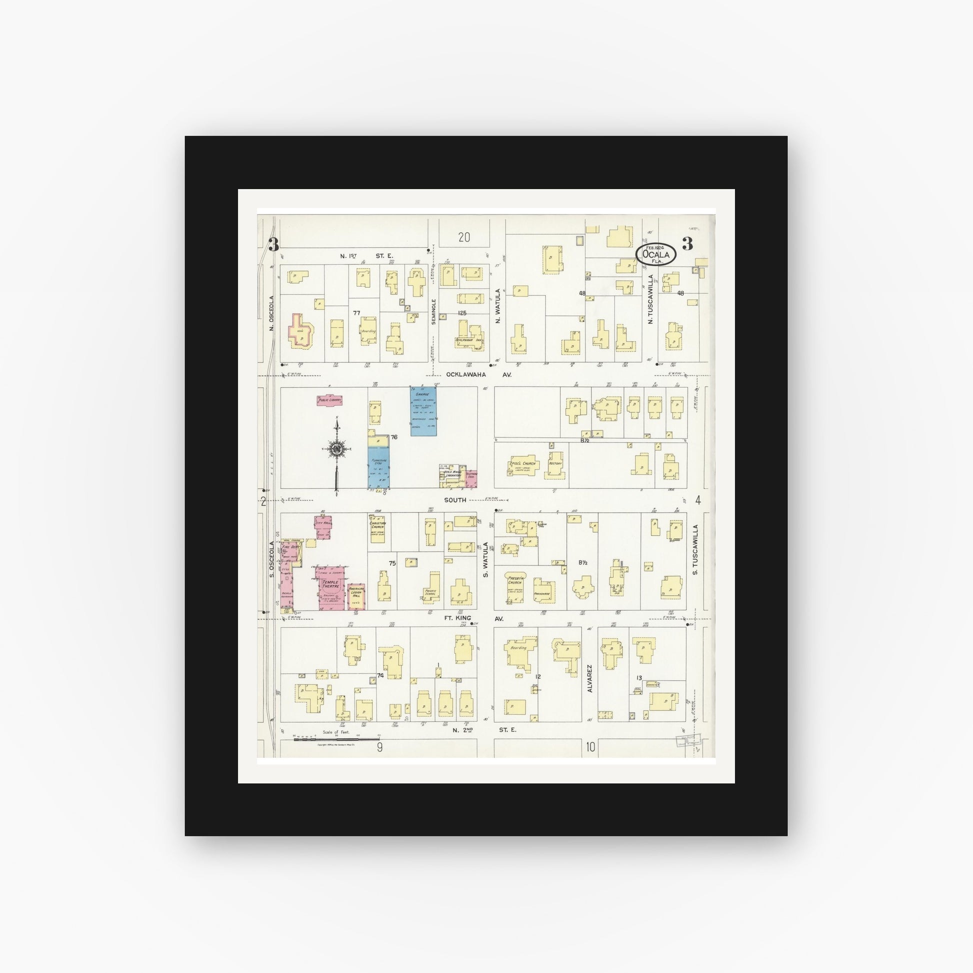 Old map wall art mockup — black gallery frame with white mat — Sanborn Fire Insurance Map from Ocala, Marion County, Florida (1924), Sheet #0003