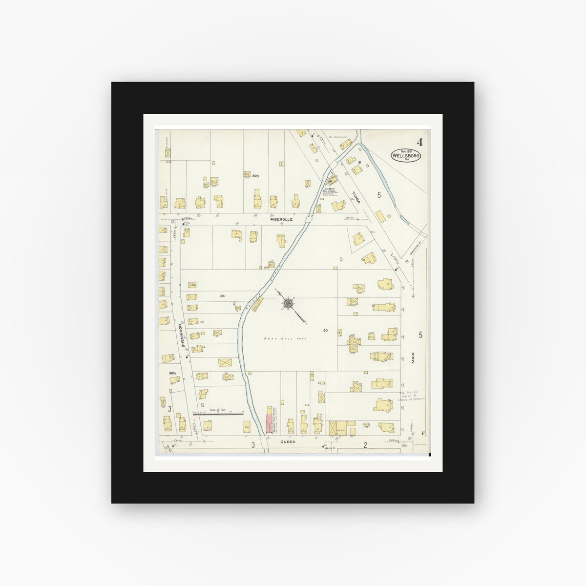Old map wall art mockup — black gallery frame with white mat — Sanborn Fire Insurance Map from Wellsboro, Tioga County, Pennsylvania (1910), Sheet #0004