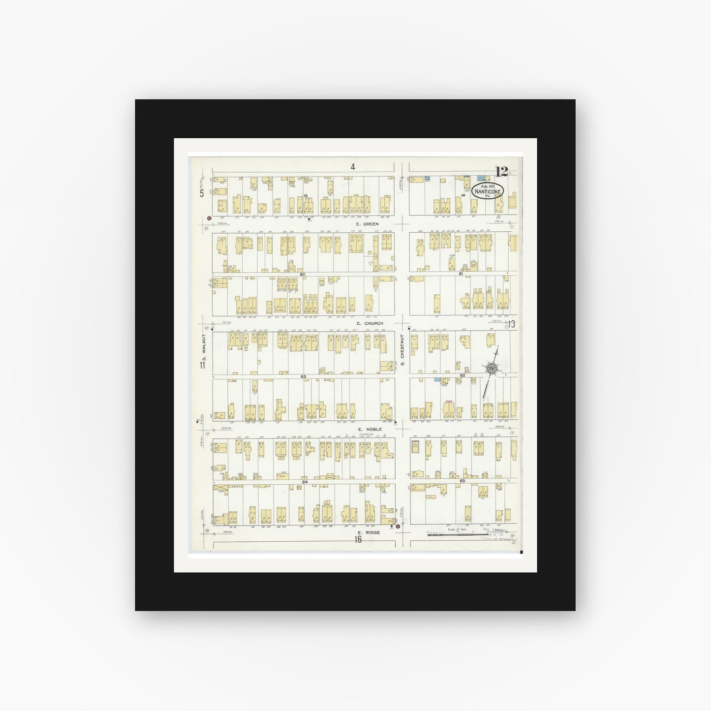 Old map wall art mockup — black gallery frame with white mat — Sanborn Fire Insurance Map from Nanticoke, Luzerne County, Pennsylvania (1912), Sheet #0012