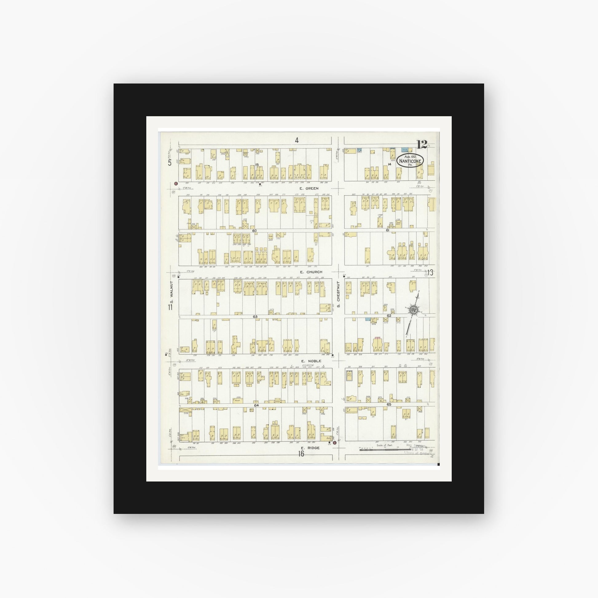 Old map wall art mockup — black gallery frame with white mat — Sanborn Fire Insurance Map from Nanticoke, Luzerne County, Pennsylvania (1912), Sheet #0012