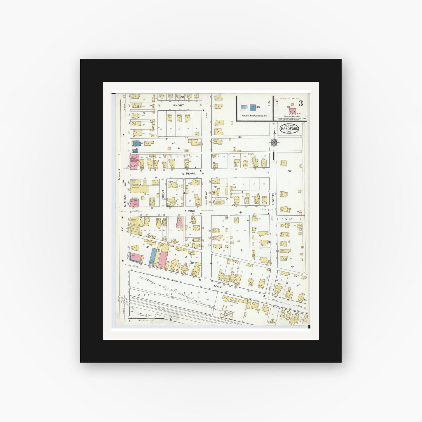 Old map wall art mockup — black gallery frame with white mat — Sanborn Fire Insurance Map from Bradford, Darke and Miami Counties, Ohio (1920), Sheet #0003