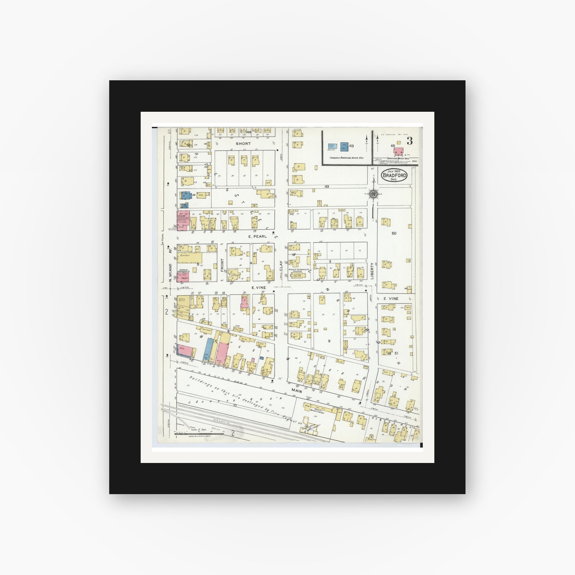 Old map wall art mockup — black gallery frame with white mat — Sanborn Fire Insurance Map from Bradford, Darke and Miami Counties, Ohio (1920), Sheet #0003