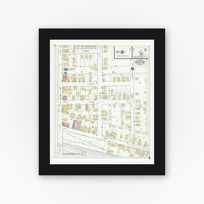 Old map wall art mockup — black gallery frame with white mat — Sanborn Fire Insurance Map from Bradford, Darke and Miami Counties, Ohio (1920), Sheet #0003