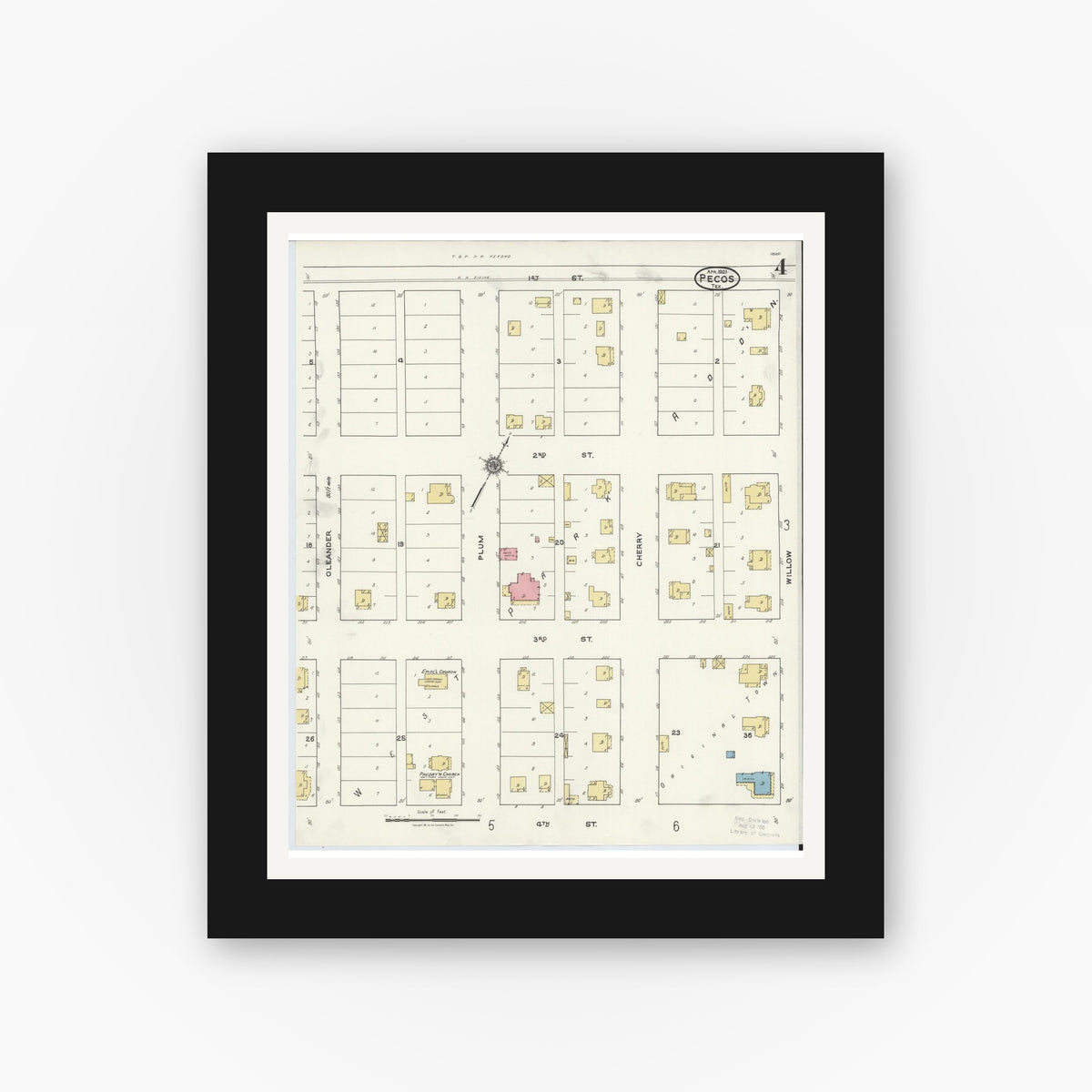 Old map wall art mockup — black gallery frame with white mat — Sanborn Fire Insurance Map from Pecos, Reeves County, Texas (1921), Sheet #0004
