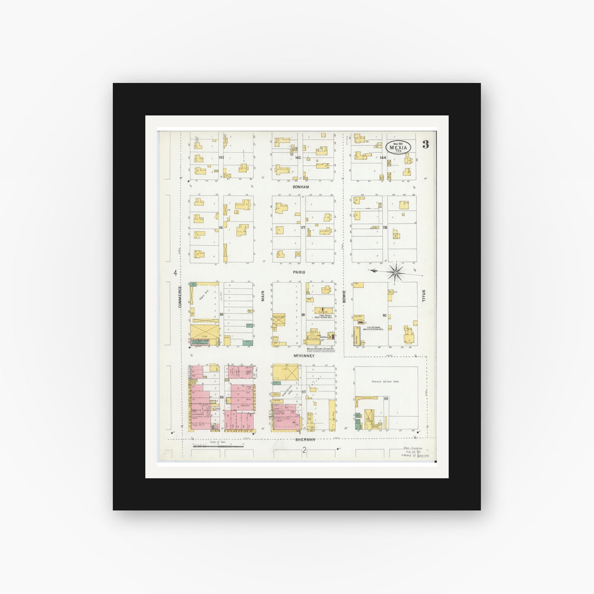 Old map wall art mockup — black gallery frame with white mat — Sanborn Fire Insurance Map from Mexia, Limestone County, Texas (1901), Sheet #0003