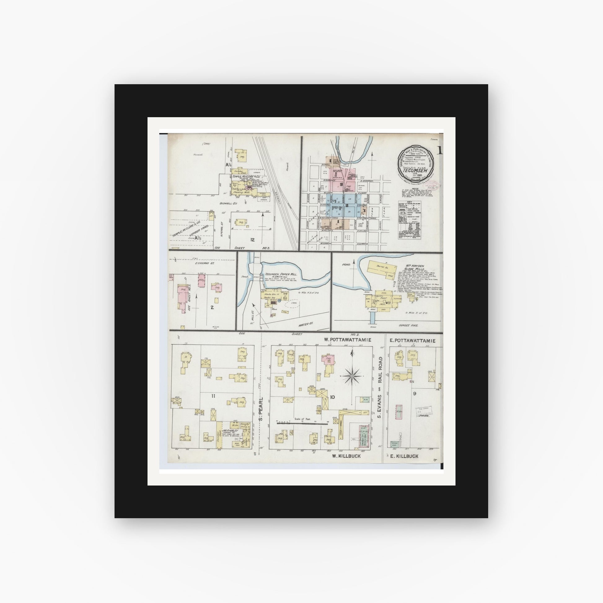 Old map wall art mockup — black gallery frame with white mat — Sanborn Fire Insurance Map from Tecumseh, Lenawee County, Michigan (1888) - Complete Map Set