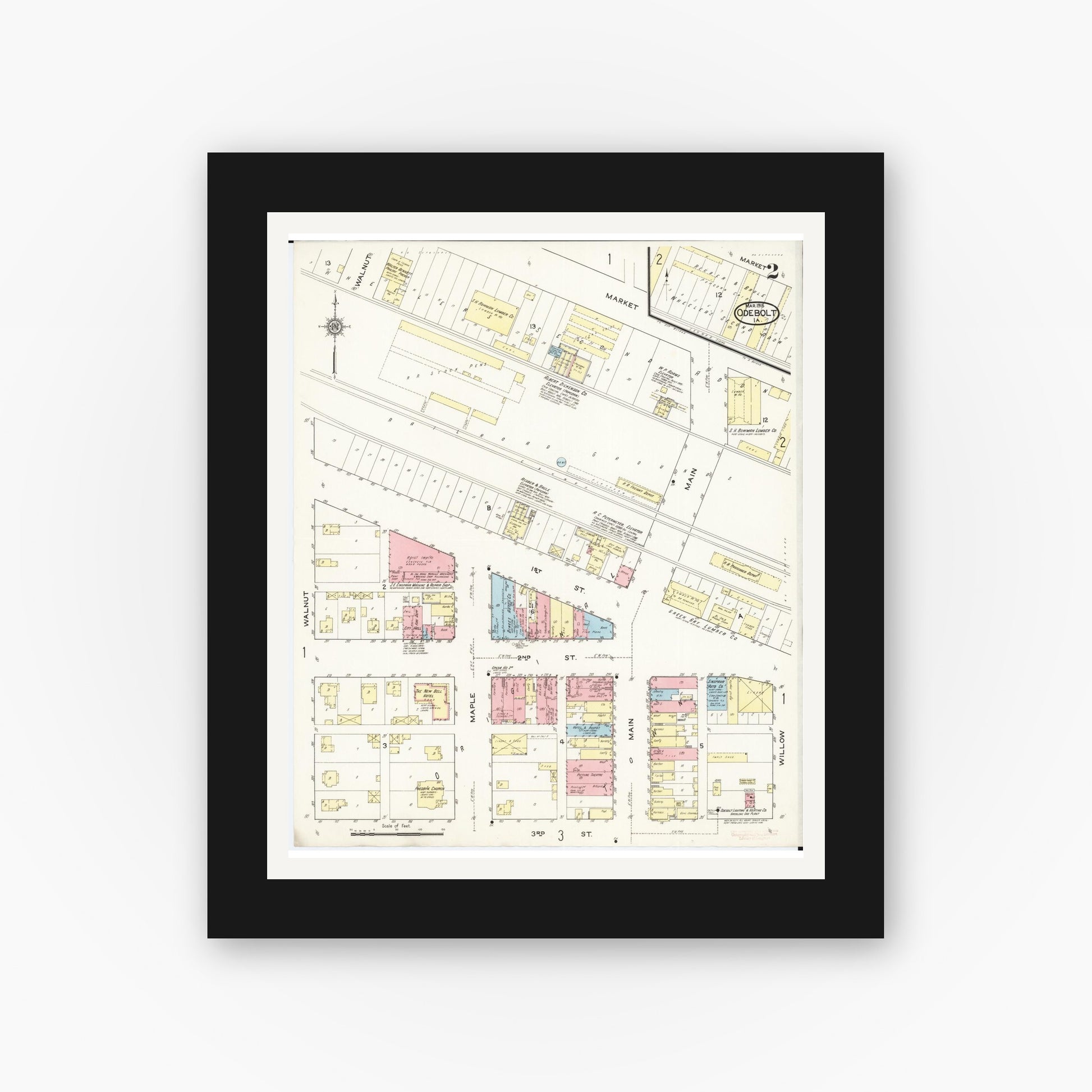 Old map wall art mockup — black gallery frame with white mat — Sanborn Fire Insurance Map from Odebolt, Sac County, Iowa (1915), Sheet #0002