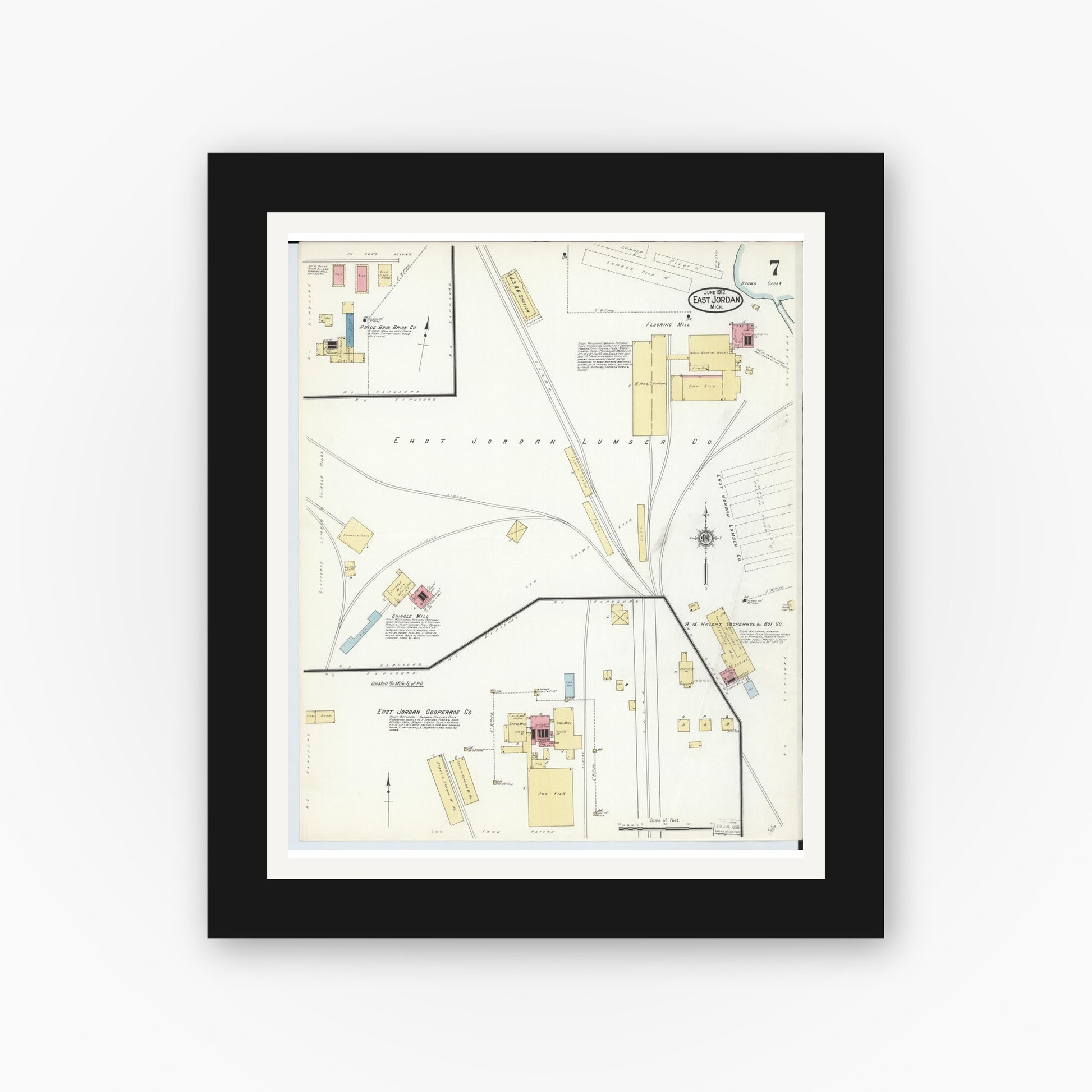 Old map wall art mockup — black gallery frame with white mat — Sanborn Fire Insurance Map from East Jordan, Charlevoix County, Michigan (1912), Sheet #0007