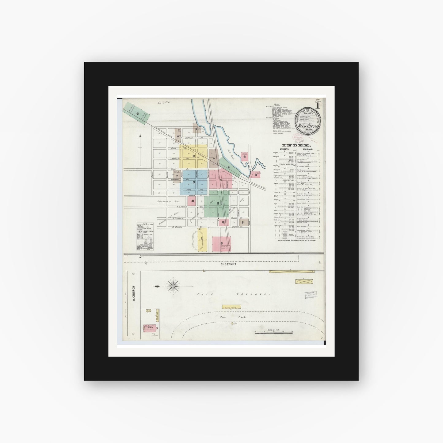 Old map wall art mockup — black gallery frame with white mat — Sanborn Fire Insurance Map from Reed City, Osceola County, Michigan (1895) - Complete Map Set