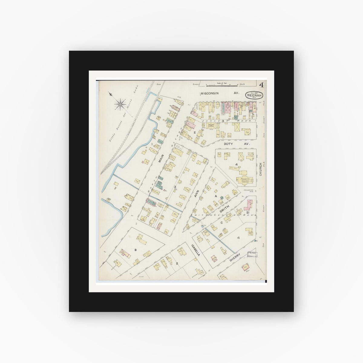 Old map wall art mockup — black gallery frame with white mat — Sanborn Fire Insurance Map from Neenah, Winnebago County, Wisconsin (1887), Sheet #0004