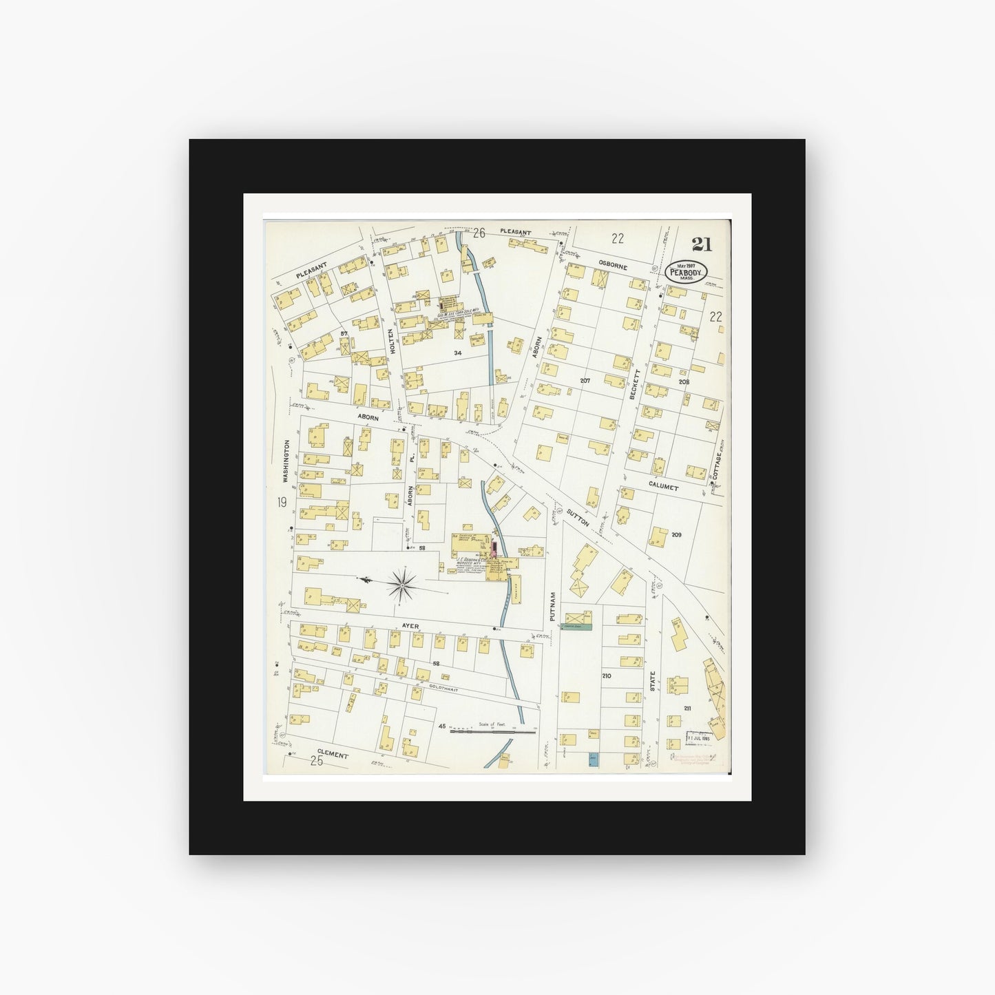 Old map wall art mockup — black gallery frame with white mat — Sanborn Fire Insurance Map from Peabody, Essex County, Massachusetts (1907), Sheet #0021