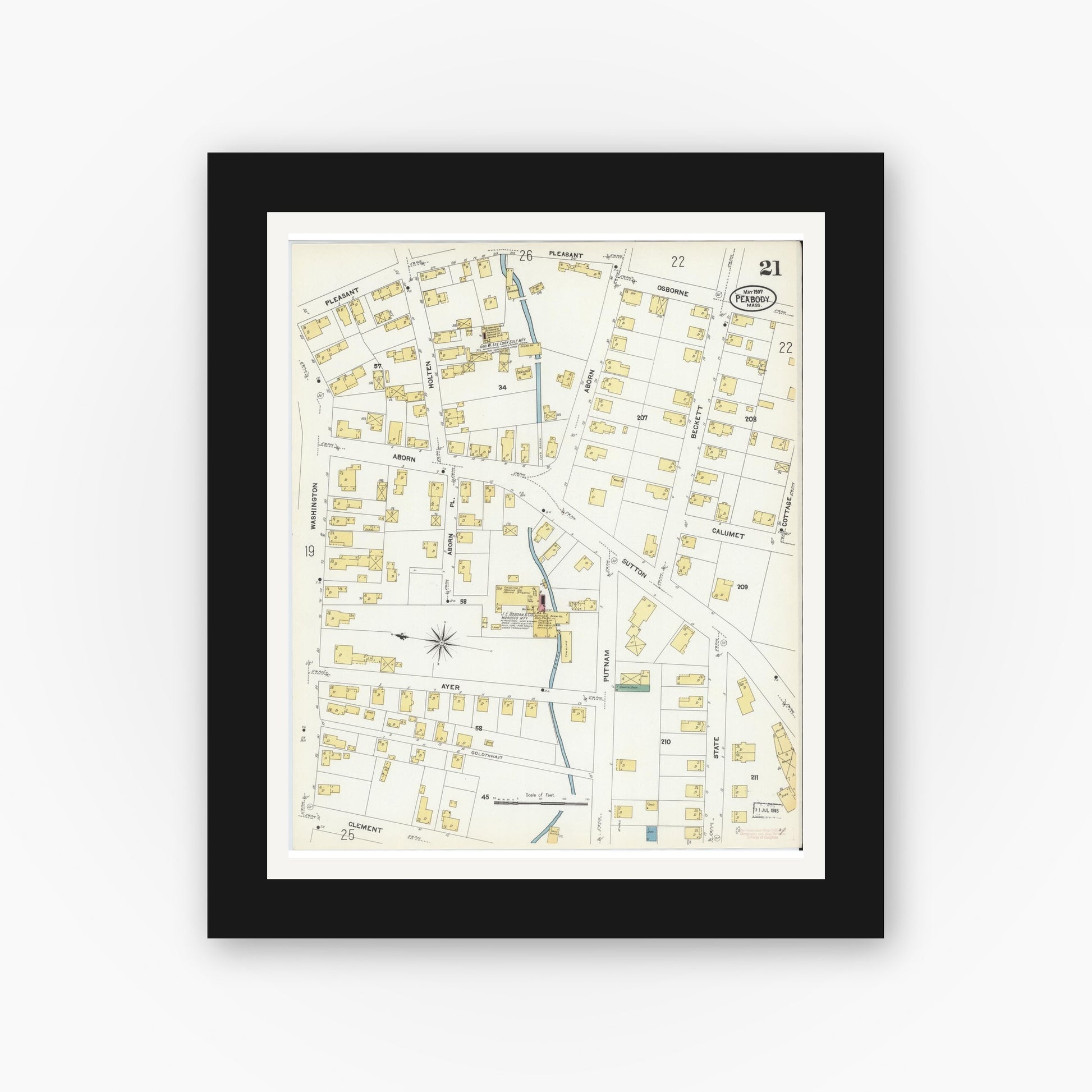 Old map wall art mockup — black gallery frame with white mat — Sanborn Fire Insurance Map from Peabody, Essex County, Massachusetts (1907), Sheet #0021