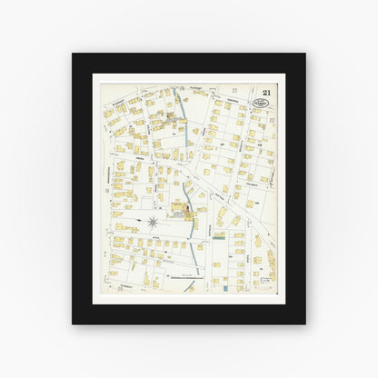 Old map wall art mockup — black gallery frame with white mat — Sanborn Fire Insurance Map from Peabody, Essex County, Massachusetts (1907), Sheet #0021